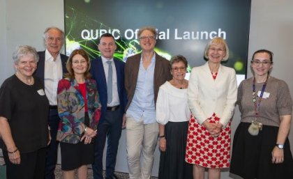 (L-R) Adjunct Professor Christine Williams, Dr Alan Finkel AC FAA FTSE, The Honourable Gabrielle Upton, Dr Richard Johnson, Professor Warwick Bowen, Professor Halina Rubinsztein-Dunlop, Professor Deborah Terry AO, Rachael Birks. A group of 8 people standing shoulder to shoulder, smiling.